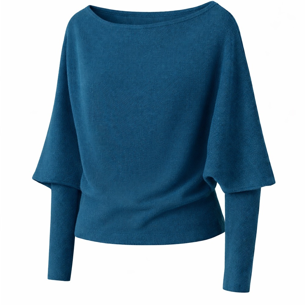 Teal Ribbed Knit Batwing‎ Sweater — Size L | Soft Stretch | Modern Drape